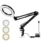 LED Magnifying Lamp Desk Lamp - Adjustable Swivel Arm Lighted Magnifier Light with Clamp 5X Magnification 10 Levels Dimmable 3 Color Modes for Reading Desk Table Craft