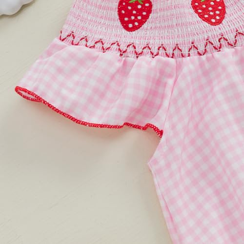 Infant Girls Embroidery Strawberry Romper Newborn Baby Coming Home Outfit Summer Casual Fly Sleeve Smocked Bodysuit4