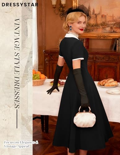 Image of Dressystar Women's 1950s Vintage Swing Dress Short Sleeve V Neck A Line Retro Rockabilly Cocktail Party Dresses With Pockets