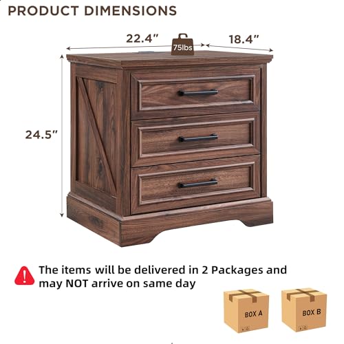 Image of ACCOHOHO Farmhouse Nightstands Set of 2, 22 Inch Wide End Table with Charging Station & 3 Large Drawers, Rustic Wood Small Dresser Chest of Drawers for Bedroom, Living Room, Brown