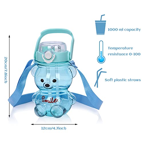Water Bottle Bear Smile Large Water Bottles With Straw And Strap For Kids School Sports Daily Life Milk Tea Juice Travel Drinking Bottled Water Cute Portable Leakproof (Blue) #TOP1