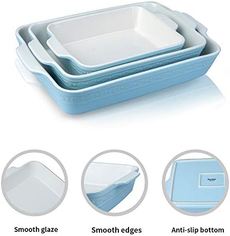 Ronnior Lasagne Dish Large Deep, Ceramic Baking Set of 3, Rectangular Baking Dishes, Oven Dish, Serving Dish Set for Tapas, Casserole, Roasting, Cooking Dishes for Oven, Daisy Series (Sky)