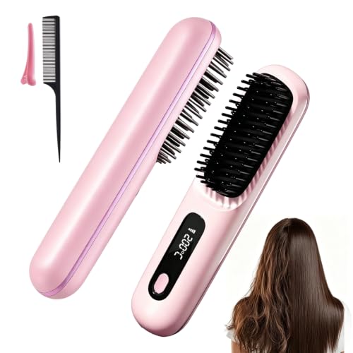Cepillo alisador de cabello inalámbrico, alisador mini con 3 ajustes de temperatura, herramienta portátil para peinar y alisar cabello con calefacción MCH y cuidado iónico y cerámico para mujeres (rosa) miniatura 1