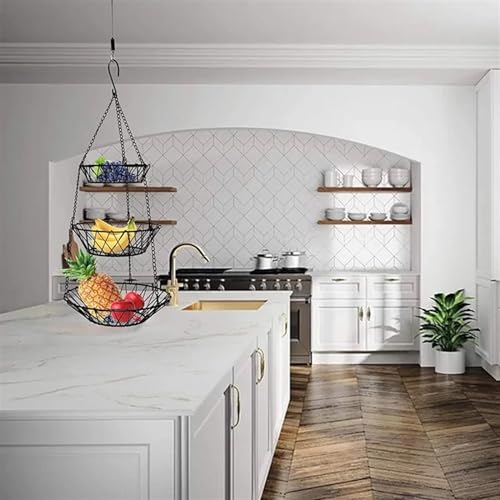 Frutero de cocina rústico con cesta colgante de 3 capas para verduras y frutas 5