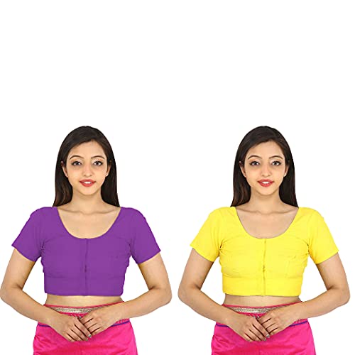 Image of Namita Women's Rubia Cotton Half Sleeve Readymade Blouse (U-COT-COM-2-DARKPURPLE-YELLOW-34 Dark Purple, Yellow 34)