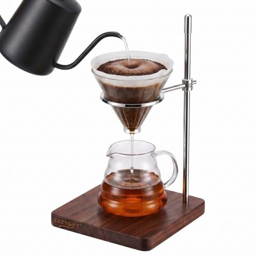 COZYGIFT Pour Over Coffee Maker Stand with American Black Walnut Base, Stainless Steel Adjustable Dripper Holder, Wooden Brewing Station, Cone Brewer Rack, Barista Accessories & Kitchen Coffee Décor