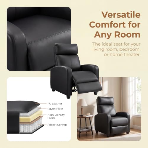 Image of Leather Recliner Chair, Manual Single Reclining Couch with Adjustable Backrest & Footrest, Ergonomic Oversized Recliner Sofa for Home Theater Seating, Living Room, Bedroom, Black