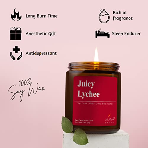 Image of AuraDecor Scented Jar Candle | Handpoured Soy Wax Candle with Long Lasting Burn Time | Premium Amber Jar Aromatherapy Candle | Ideal Gift for Home & Decor (Extra Large, Juicy Lychee)