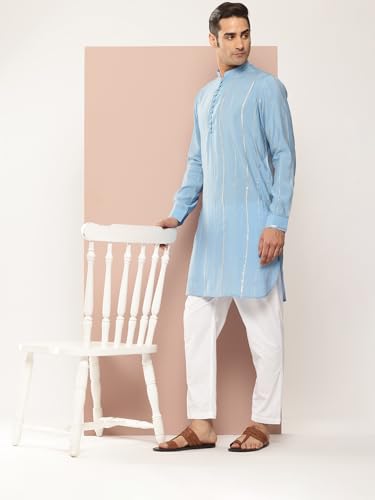 Image of See Designs Men's Long Sleeve Side Slit Chanderi Silk Sequins Mandarin Collar Kurta
