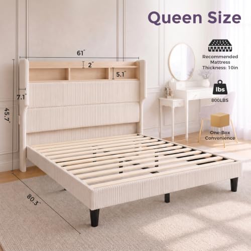 Stylish Queen Size Girls Bed Frame With 46 Inch Tall Headboard Cream - Image 2
