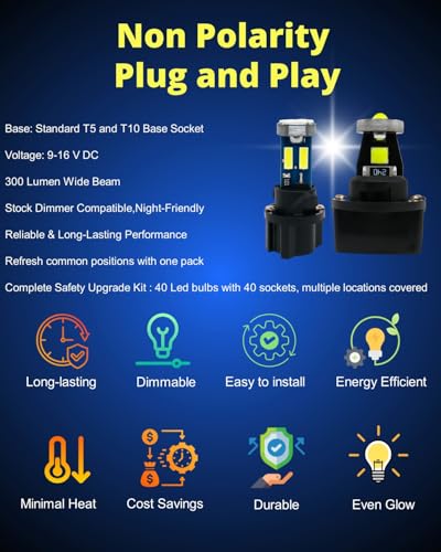 Image of WLJH 40-Pack T10 T5 LED Bulbs with Twist Sockets, Polarity-Free, Dimmable | 4014 SMD, 300lm, 12V Wedge Bulbs for Dash Gauge Cluster, HVAC, Dome, Map, Parking and License Plate Lights, White
