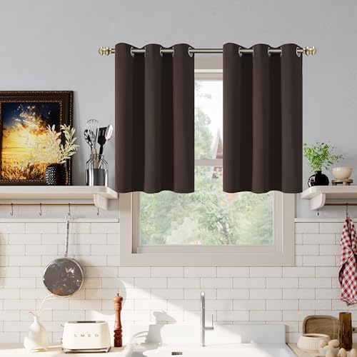 Image of YoungsTex Short Blackout Curtains 36 Inch Length for Kitchen Window - Thermal Insulated with Grommet Room Darkening Drapes for Bathroom Cafe Windows, Brown, 2 Panels, 42 x 36 Inch