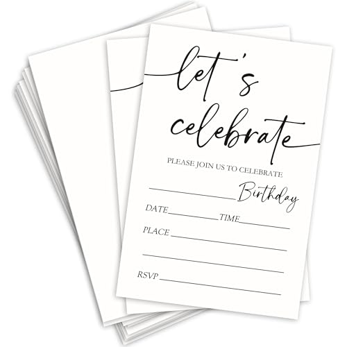 IKFRGN Let's Celebrate Birthday Party Invitations-Minimalism White Theme Party Invites For Boys & Girls-Double-Sided Invitation Cards with Envelopes-Birthday Party Celebration Favors & Supplies-A08
