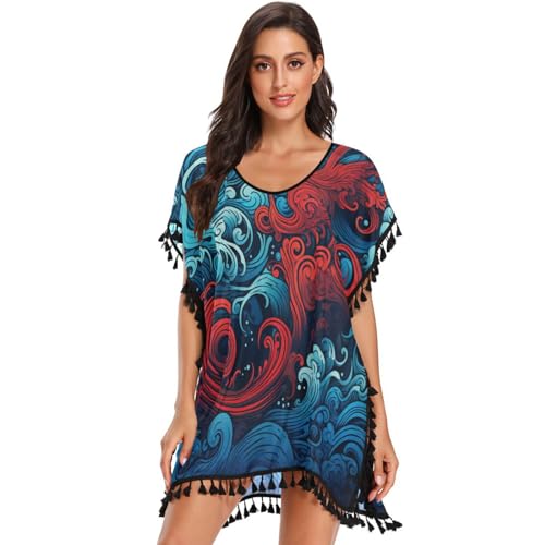 Octopus Abstract Red Blue Wave Women's Beach Cover Up Chiffon Tassel Swimwear Swimsuit Coverups for Girl