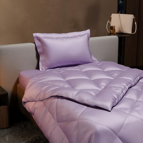 Image of Stoa Paris Satin Comforter Set Single Bed with Satin Bedsheet & Pillow Covers, 300TC Complete Bedding Set, Ideal Gifts for Women, Couples, Bedroom Home Furnishing, Date Night - Lilac Affair