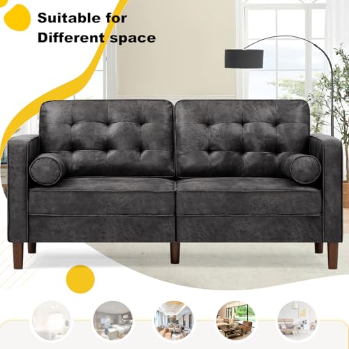 Image of 67 inch Suede Leather 2-seat Sofa with Two Bolster Pillows, Tufted Loveseat with Wooden Legs, Morden Sofa Suitable for Living Room, Office, Black