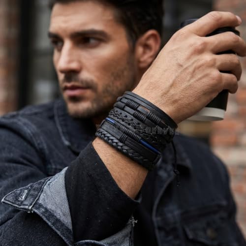 Image of Young & Forever Multi-Pack Men's Leather Bracelet Set - Braided Rope, Vintage Bead, Gothic Punk Skull, & Boho Wrapped Multi-Layer Cuff Wristbands, Adjustable Jewelry Pack