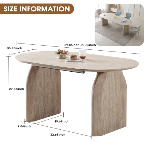 Image of 59.06 inch-90.55 inch Extendable Dining Table for 6 8 10, Modern Oval Kitchen Table with Dual Pillar Base, Wooden Expandable Dining Table for Kitchen Dining Room Living Room Dinner Party Family Gathering