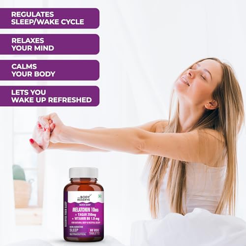 The Body Reserve Melatonin 10mg with Tagar 250mg - 60 Veg Tablets for Natural Sleep Aid, Muscle Recovery, Nerve Relaxation, and Stress Relief - Non-Habit Forming Sleep Aid for Men & Women