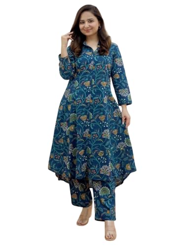 Image of Leriya Fashion Women's Cotton Printed A-Line Kurti Pant Set | Abstract Leaf & Floral Kurta with Trouser Pant | Casual Ethnic Co-ord Set for Women Stylish | Elegant Anarkali Style Tunic Kurta Set