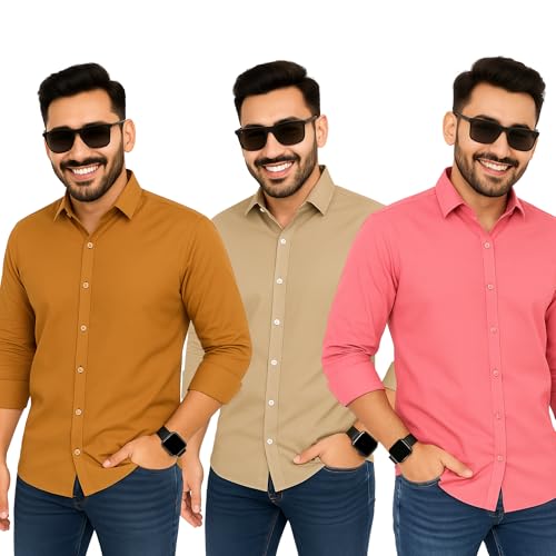 Image of Men's Polycotton Shirt Combo Pack of 3 | Regular Fit Casual & Formal Wear | Wrinkle Resistant | Soft & Breathable Shirt for Men