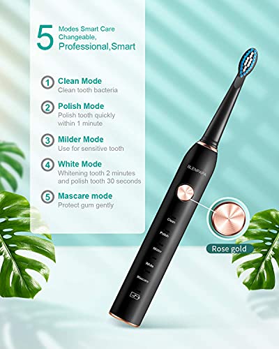 Teeth & Gums Care Electric Toothbrush, Ipx7 Waterproof Sonicare 38000Vpm, Fast Charge Long Last With Intelligent Time Reminder 5 Optional Modes Dupont Brush Heads, Travel, Indoor, Outdoor, Black #TOP1