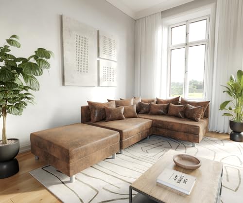 DELIFE Eckcouch Clovis Braun Antik Optik mit Hocker Ottomane Rechts Ecksofa Modular