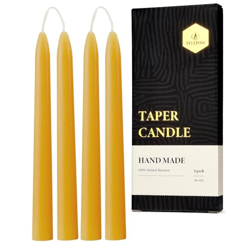 8 inch Organic Beeswax Taper Candles 4 Pack - Natural, 100% Pure Unscented Bee Wax Candle, Dripless, 5 Hours Burnning Time -Yellow