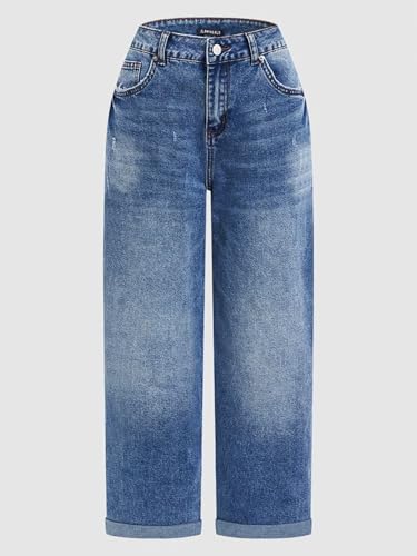 Flamingals Straight Leg Jeans for Women Boyfriend Mid Rise Roll Hem Wash Cropped Denim Pants Without Belt4