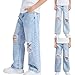 Kids Ripped Straight Leg Jeans Casual Stretchy Streetwear Elastic Waist Boys Girls Denim Pants for 6-13 Years with Pockets