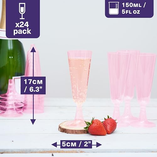 MATANA 24 Premium Elegant Pink Plastic Champagne Flutes, 150ml - Reusable Toasting Glasses, Cocktail Prosecco Glasses for Weddings, Birthdays, Christmas, Hen Do, Themed Parties