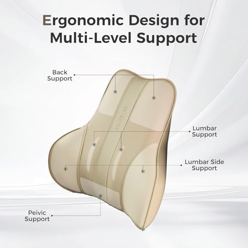 Image of Coverado Lumbar Support Pillow for Car, Ergonomic Memory Foam Back Pillow for Office Chair, New Back Cushion for Pain Relief, PU Leather Car Lumbar Support for Driving Seat