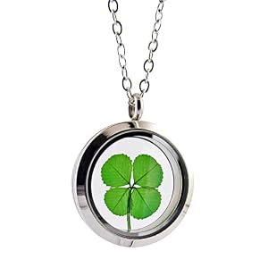 Genuine Preserved Four Leaf Clover Good Luck Charm Stainless Steel Pendant Necklace with 18 inch Chain