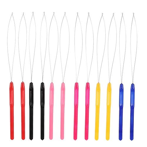 12PCS Micro Ring Hair Extension Loop Needle Threader Feather Hook Tool Wire Pulling Hook Tools for Micro Link Beads and Feathers Extensions(SET OF 12PCS)