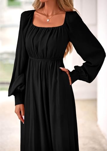 KIRUNDO Casual Fall Dresses for Women 2026 Flowy Long Sleeve Maxi Dress Smocked Empire Waist Square Neck Wedding Party(Black, Large) — view 3