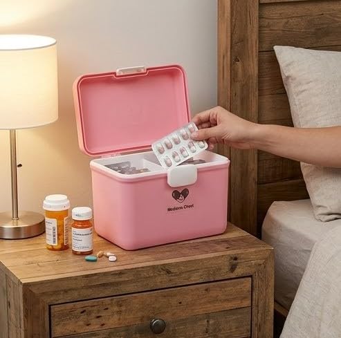 Image of HomeCloud Plastic First Aid Box with Tight Lock Mechanism & Convenient Handle | Multi-Purpose Medicine Storage Organizer for Medicines, Bandages, Ointments & Medical Tools (Dark Pink)