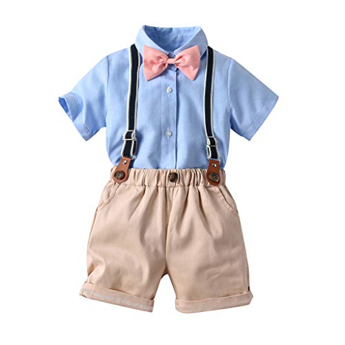 Baby Boys Gentleman 2Pcs Suit Outfits Clothes Set for Little Kids Toddler Bowtie Short Sleeve Shirt+Suspenders Shorts Overall (Khaki, 12-18 Months)