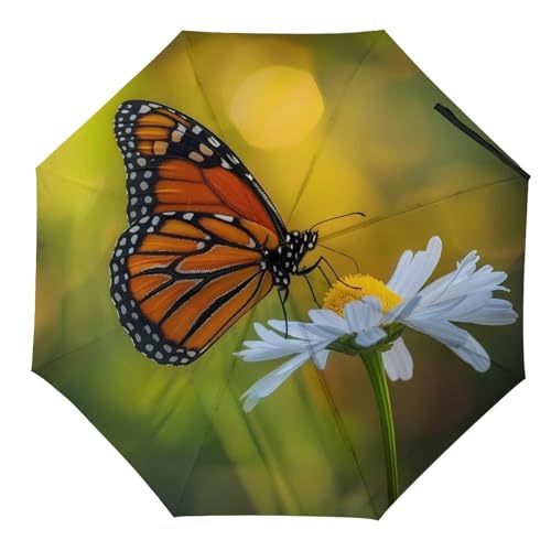 Monarch Butterfly on Flower Travel Umbrella for Rain Windproof Sun Umbrella Portable Lightweight Folding Car Umbrella Manual