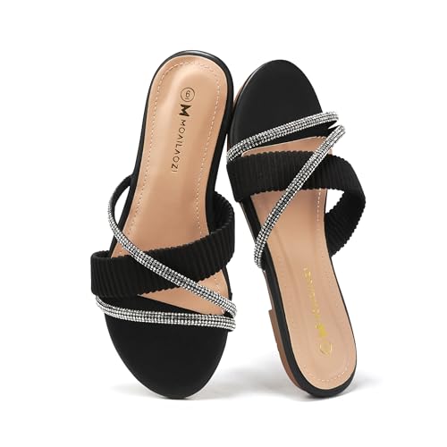 Women's Flat Sandals Rhinestone Strappy Slides With Soft Memory Foam Insole, Dressy Beach Suede Slippers for Summer Vacation