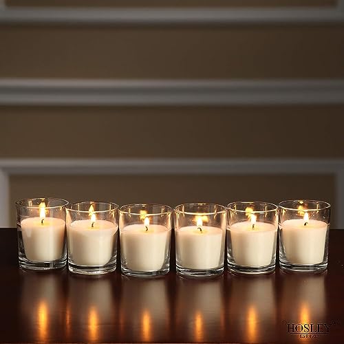 Image of Hosley 20-Pack Ivory Unscented Votive Candles in Clear Glass Holders - Long Burn Time Hand Poured Wax for Weddings and Home Decor