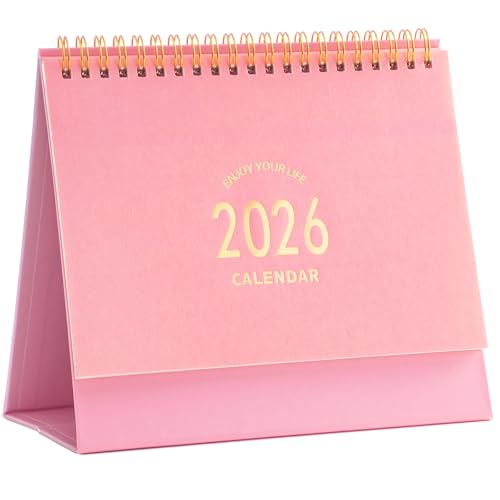 Small Desk Calendar 2026-2027 Standing Flip Desktop Calendar from January 2026 to June 2027 - Metal Ring Twin-Wire Binding Monthly Desktop Calendar for Home Office School (Pink)