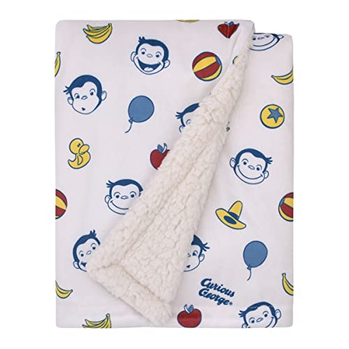 Image of NoJo Welcome to The Universe Baby Curious George White, Blue, Red, and Yellow Balloons, Bananas and Hats Super Soft Sherpa Baby Blanket