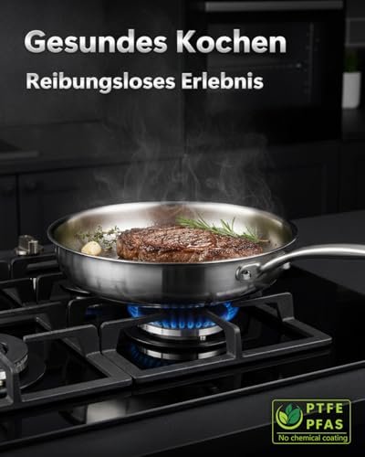 Abijan Edelstahlpfanne unbeschichtet 30cm, Titan Pfanne mit Deckel, 18/10 Edelstahl Bratpfanne Induktion für alle Herdarten geeignet, Spülmaschinen, Backofen bis zu 250°C, Schnelles Erhitzen