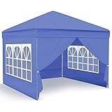 Pavillon, Ej.Victor Faltpavillon 3 x 3 Wasserdicht Stabil Winterfest mit 4 Seitenteilen und Fenstern, Garten Partyzelt UV Schutz 50+ für Festival, Party, Marktstand, Flohmarkt und Campen-Blau