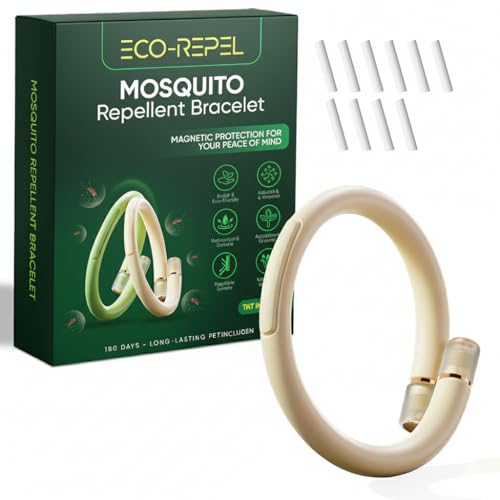 900 Hour Protection - 1x Natural Mosquito Repellent Bracelet w/ 10 Citronella Refill Sticks | DEET-Free Waterproof Insect Wristband for Kids, Adults & Travel (Beige)