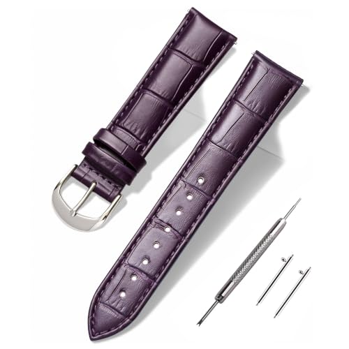 BEAFIRY 16mm Leather Watch Band Purple Quick Release with Sliver Buckle