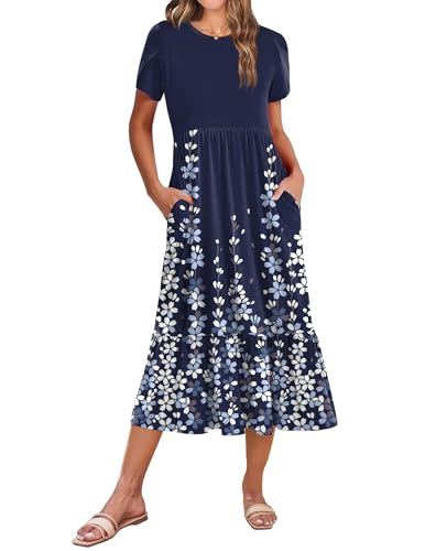 Zeagoo Summer Long Dress for Women 2026 Short Sleeve Casual Loose Midi Dress with Pockets A Line Tiered Flowy Floral Sundress Empire Waist Shift Tshirt Dresses Navy Blue Floral XL