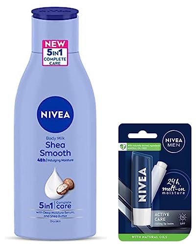 Image of NIVEA Body Lotion for Dry Skin, Shea Smooth, with Shea Butter, For Men & Women, 120 ml & NIVEA Men Lip Balm, Active Care SPF for 24h Moisture, 4.8 g