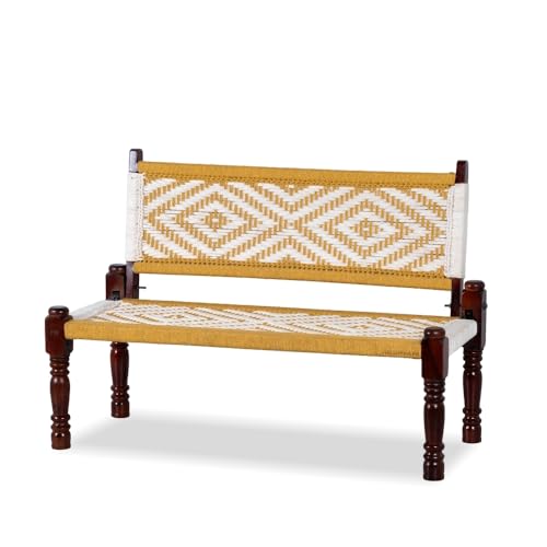 Image of Srima Wooden Bench for Living Room | Handcrafted Sheesham Wood Backrest Bench for Balcony & Garden | Traditional Rajasthani Patio for Outdoor with Cotton Handwoven Rope | Yellow and White