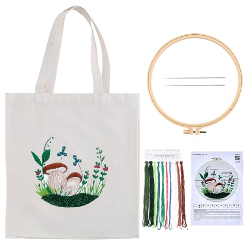 Image of GORGECRAFT 1 Set Canvas Tote Bag Embroidery Kit Cross Stitch Bag Cloth Sewing Mushroom Pattern with Instructions Embroidery Bag Needle Embroidery Hoops Colorful Threads for DIY Bag Crafts